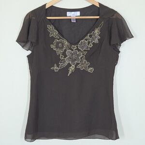 Vtg Y2K Nine & Co Brown Floral Embroidered Beaded Top Fairy Festival Grunge 8